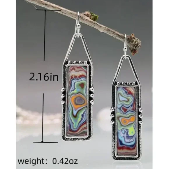 Boho Vintage Spiral Marble Pattern Colorful Stone Drop Earrings - Picture 3 of 3